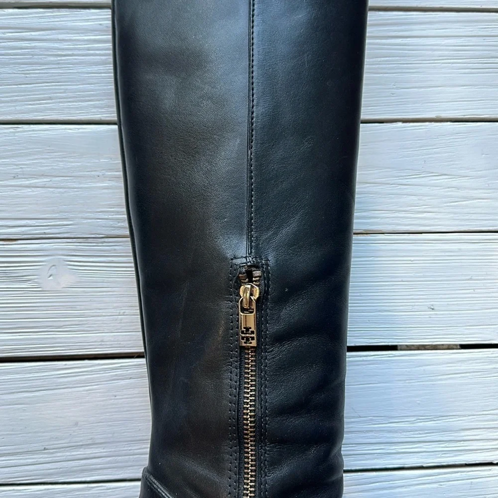 Tory Burch Black Tall Kasey Heeled Smooth Leather Boots Logo size 5.5